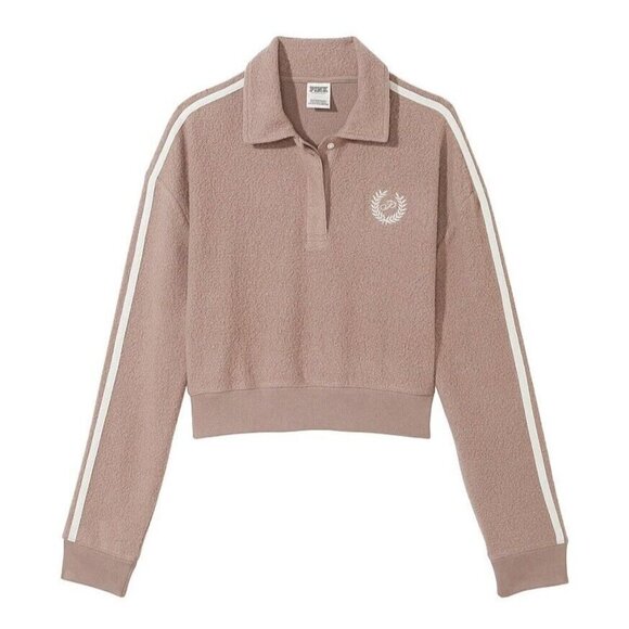 Victorias Secret PINK Fleece Varsity Cropped Sweatshirt Sz M Brown Sherpa Henley - Picture 1 of 14